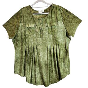 Shannon Ford  Tunic Top Womens 2X Green Short Sleeve Pleated flowy slinky office